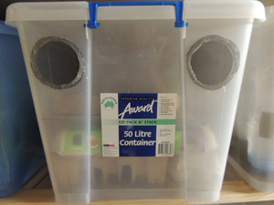 Plastic storage container prepared for housing live crickets